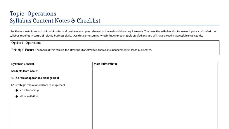 Operations HSC Class Notes: Syllabus Content & Skills Checklist - Studocu