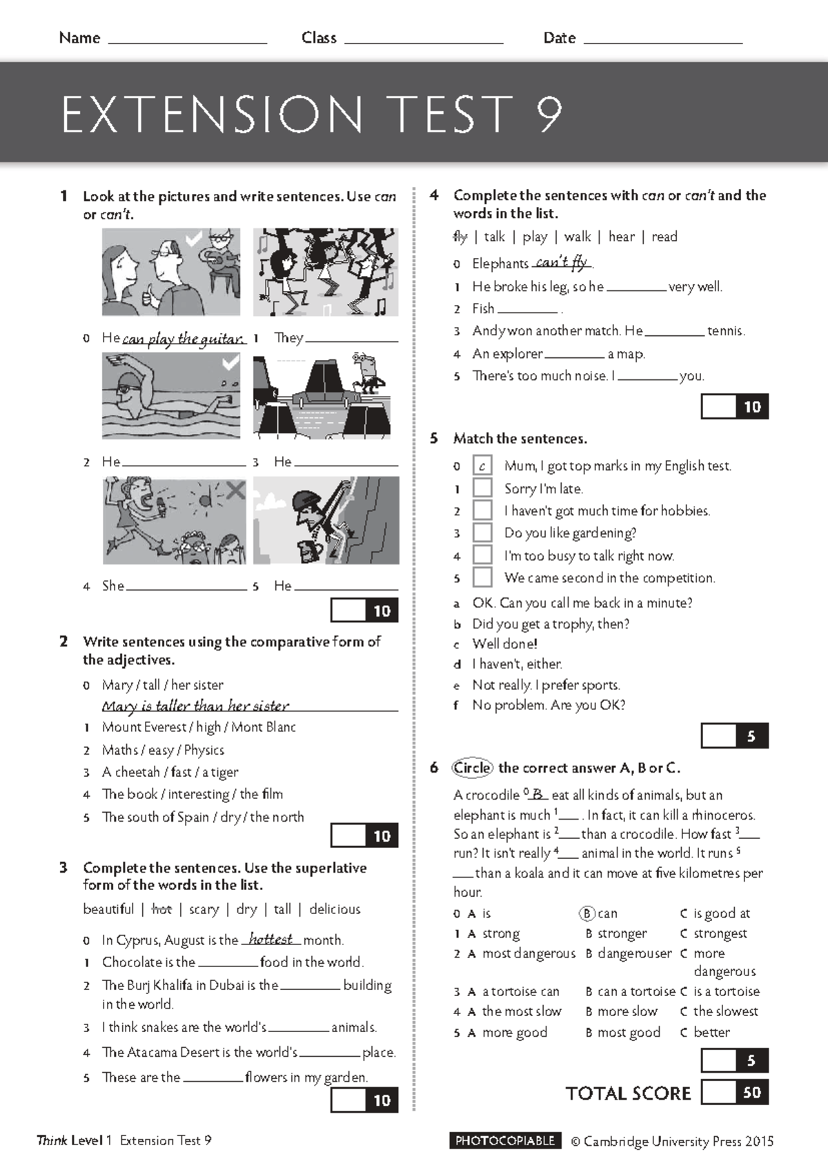 Unit 9 Extension Test - Think Level 1 English Document - Studocu