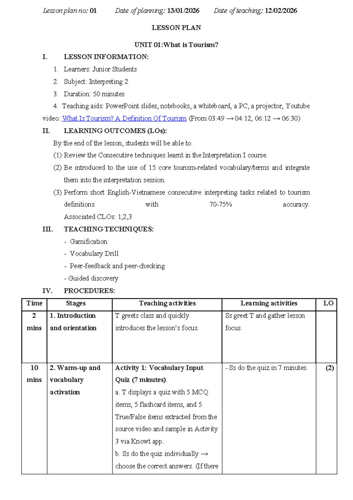 Lesson Plan #1: Understanding Tourism in Interpreting 2 - Studocu