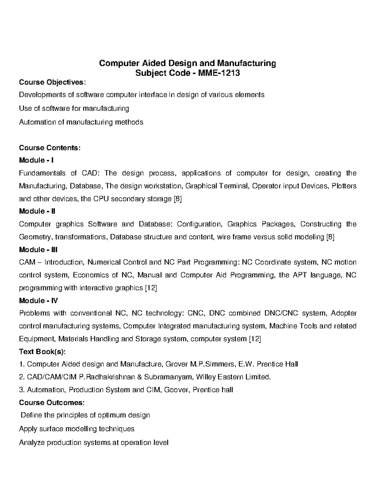 Computer Aided Design and Manufacturing Syllabus - MME-1213 - Computer ...