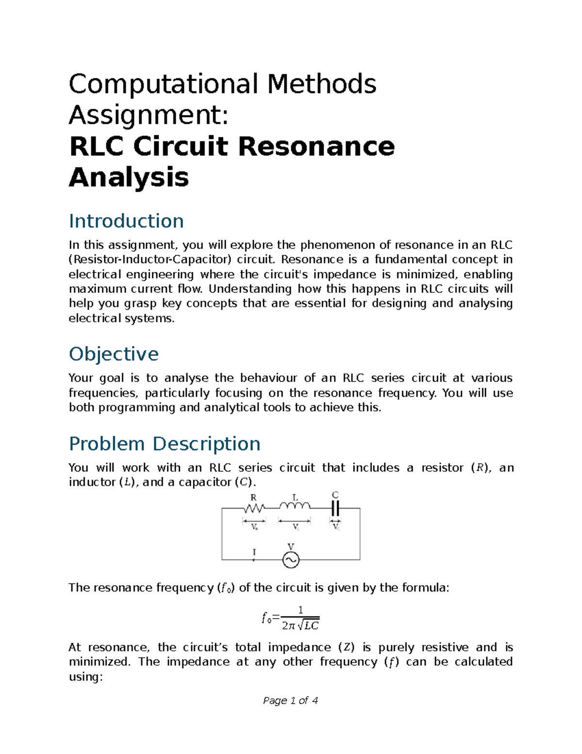 RLC Circuit Resonance Analysis Assignment (ENG101) - Computational ...