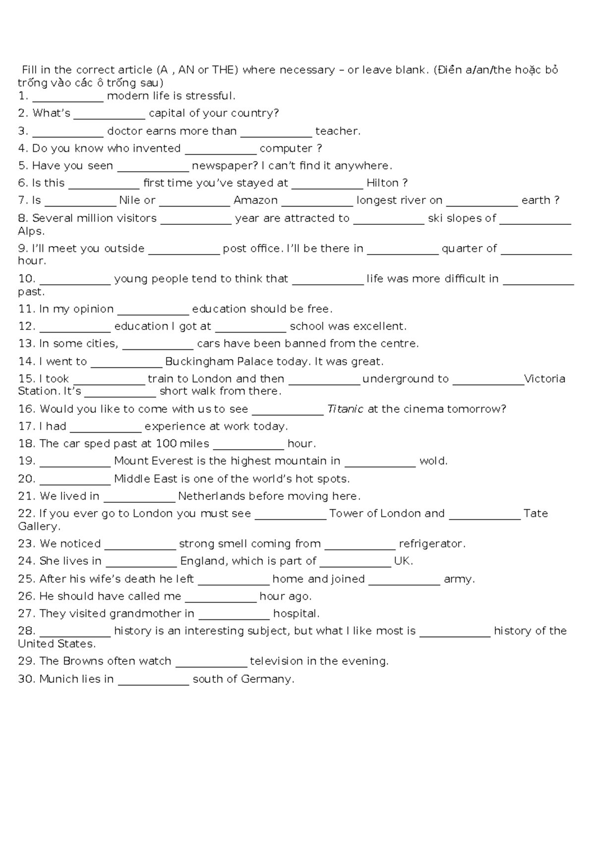 Article Usage Exercises: Fill in A, AN, THE or Leave Blank - Studocu