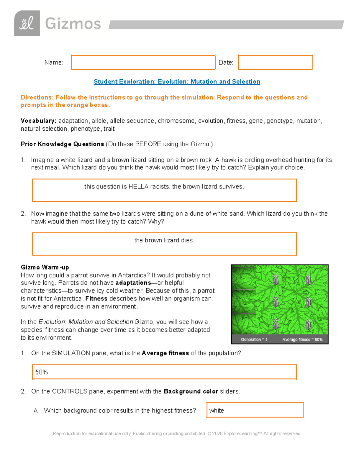 Terance Ngo - CW 24 Mutation and Selection - Name: Date: Student ...
