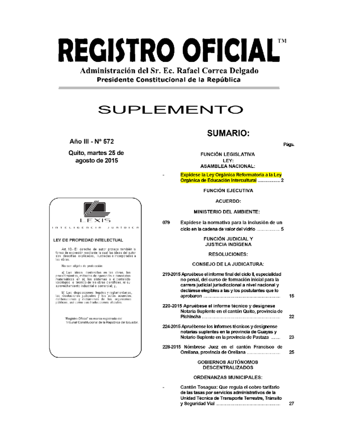 Ley Orgánica Reformatoria a la Ley de Educación Intercultural - SRO 572 ...