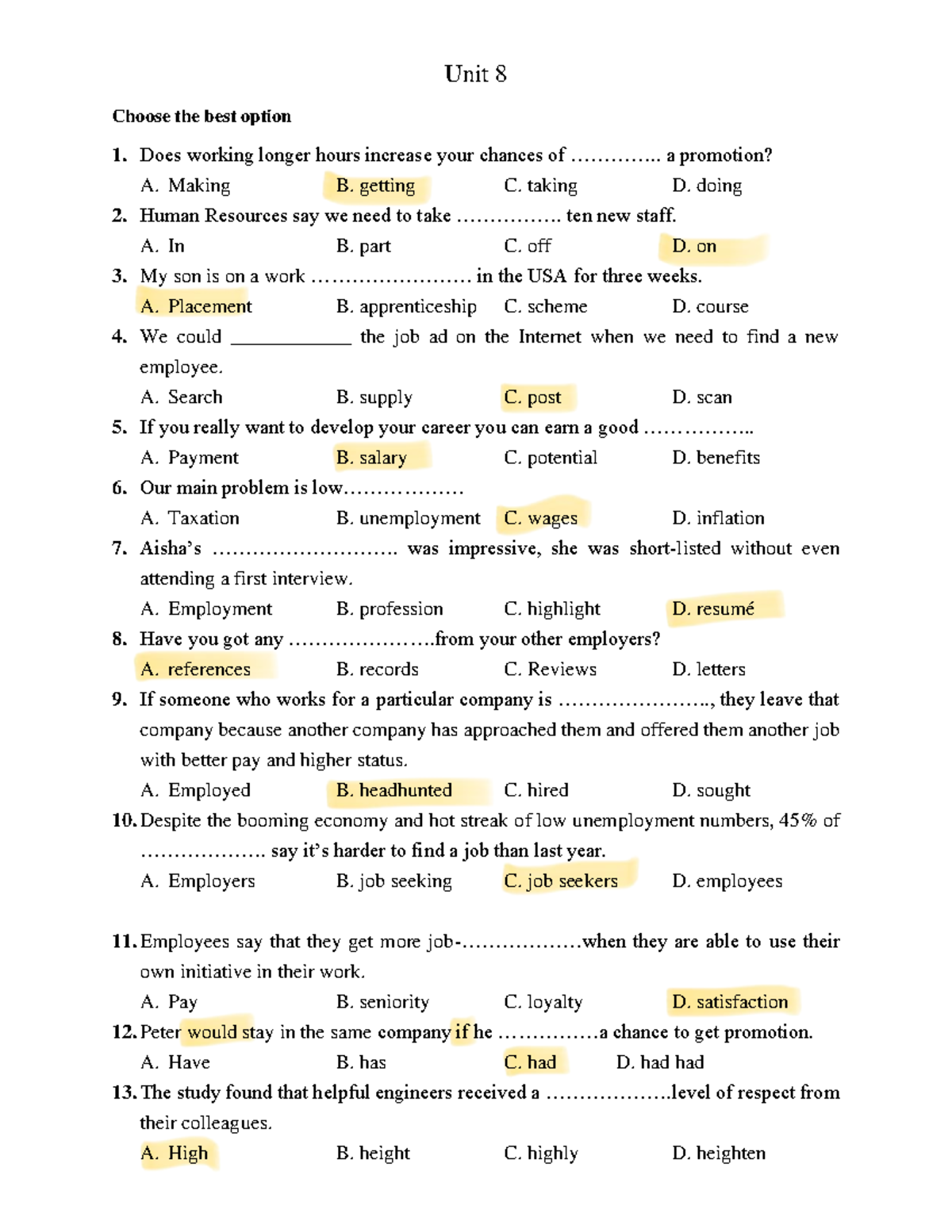 BT U8 - Best Option Practice Questions for Career Development - Studocu