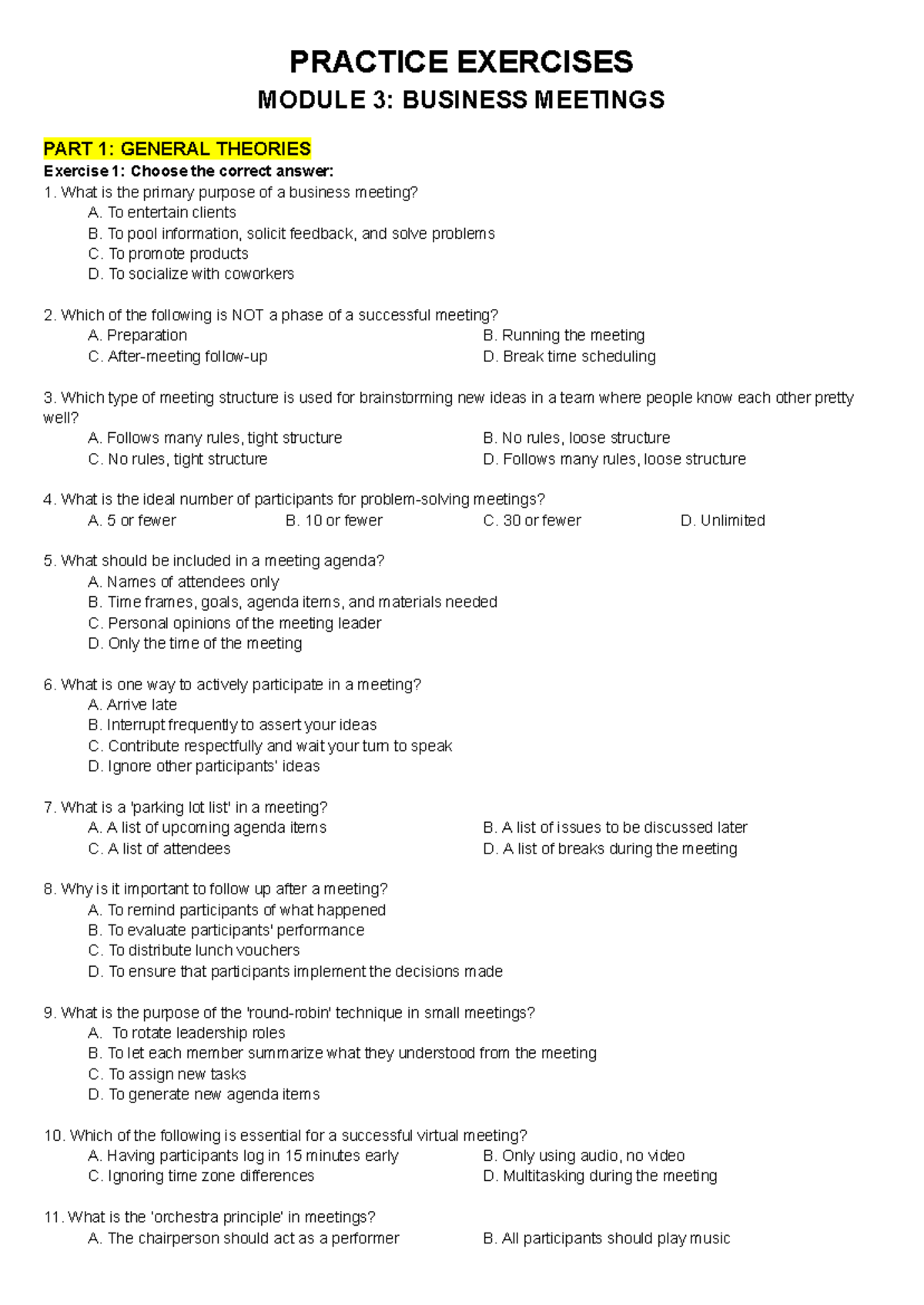 BE322 W5 Business Meetings 2 Practice Exercises - PRACTICE EXERCISES ...