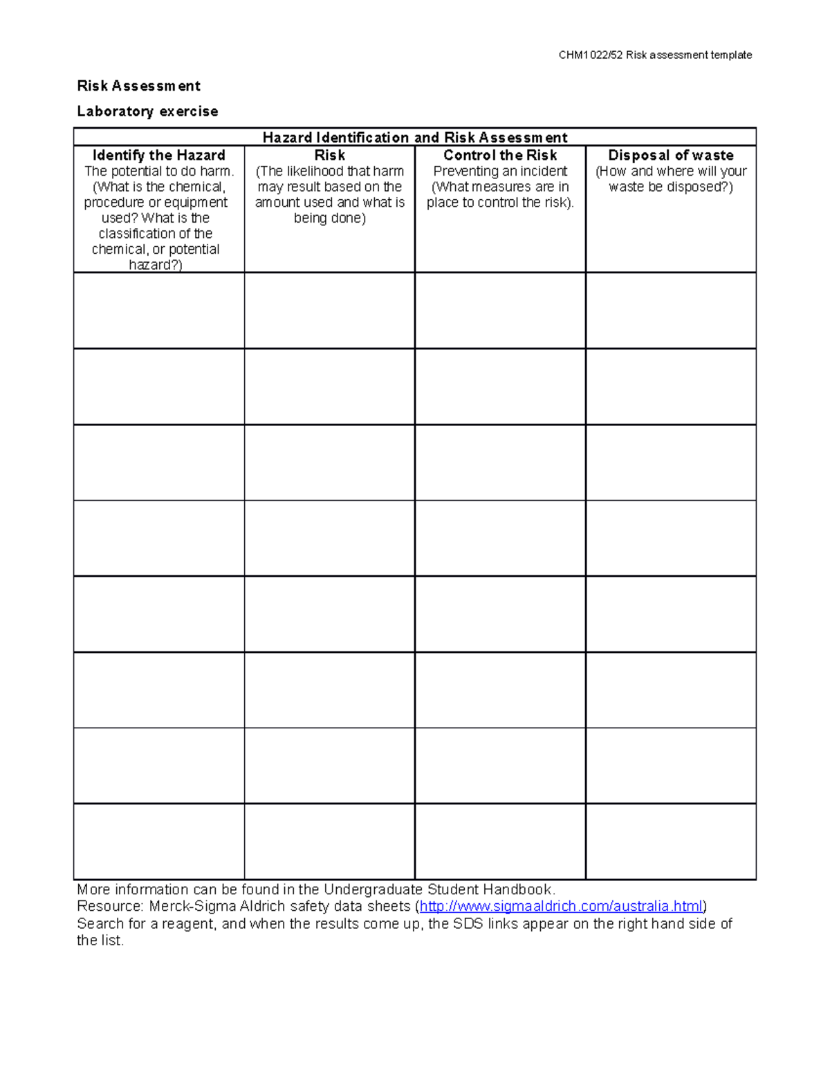 CHM1022 52 2021 Risk Assessment template - Risk assessment template ...