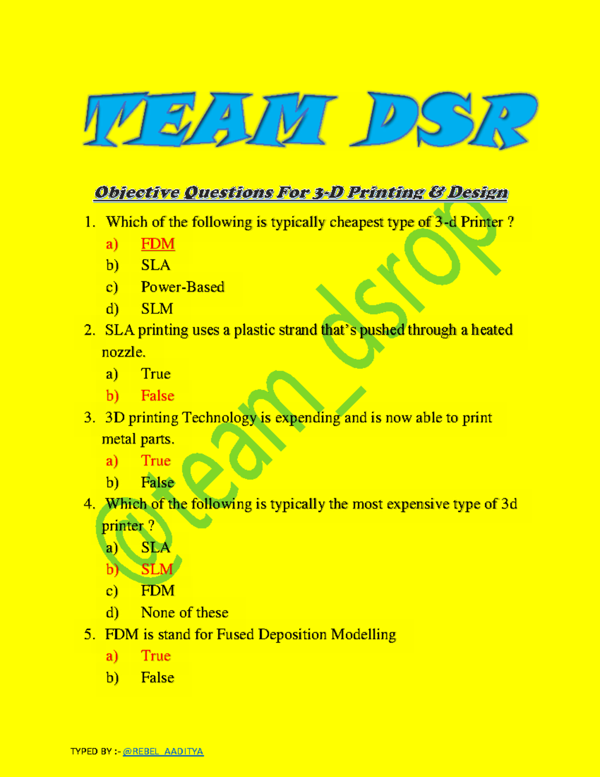 3D Printing DSR OBJ - Quiz Questions and Answers - Studocu