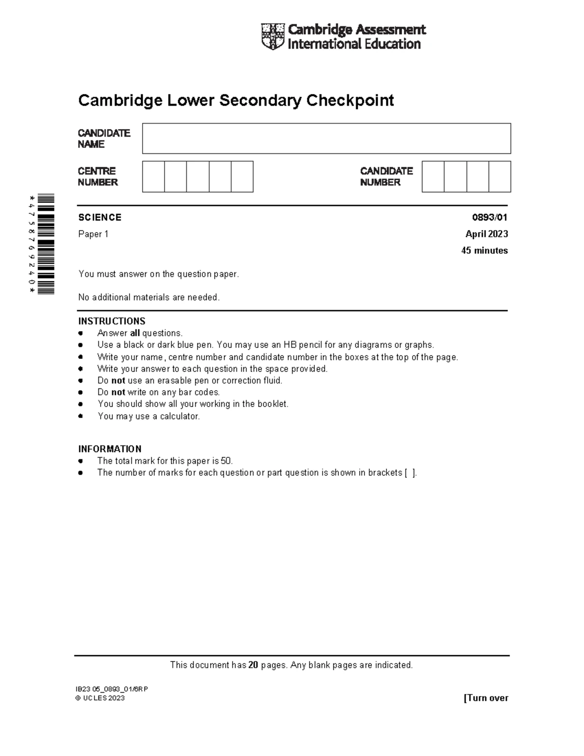Cambridge lower secondary checkpoint science paper 2 past paper october