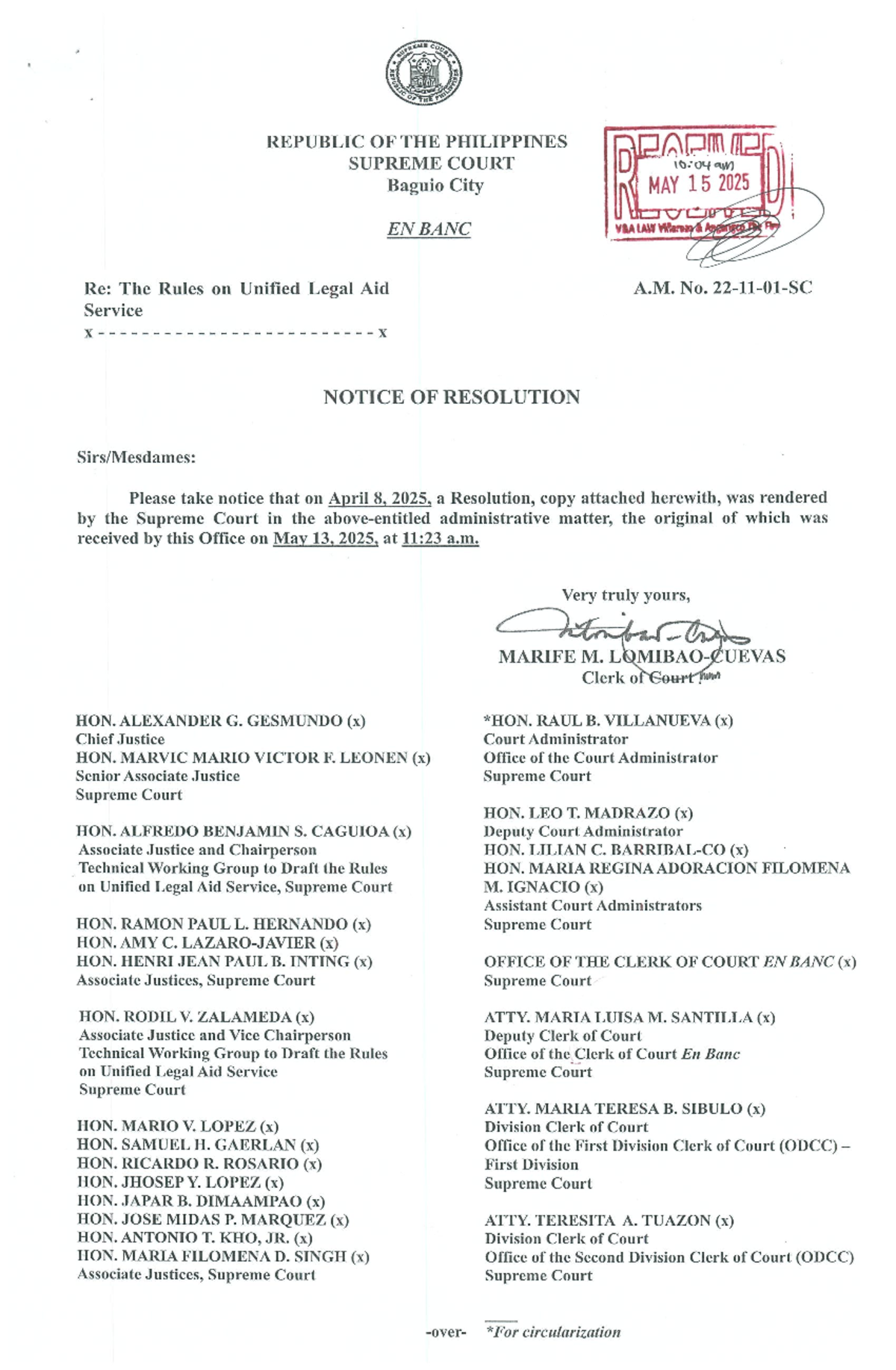 Resolution on the Rules for Unified Legal Aid Service (A.M. No. 2025 ...