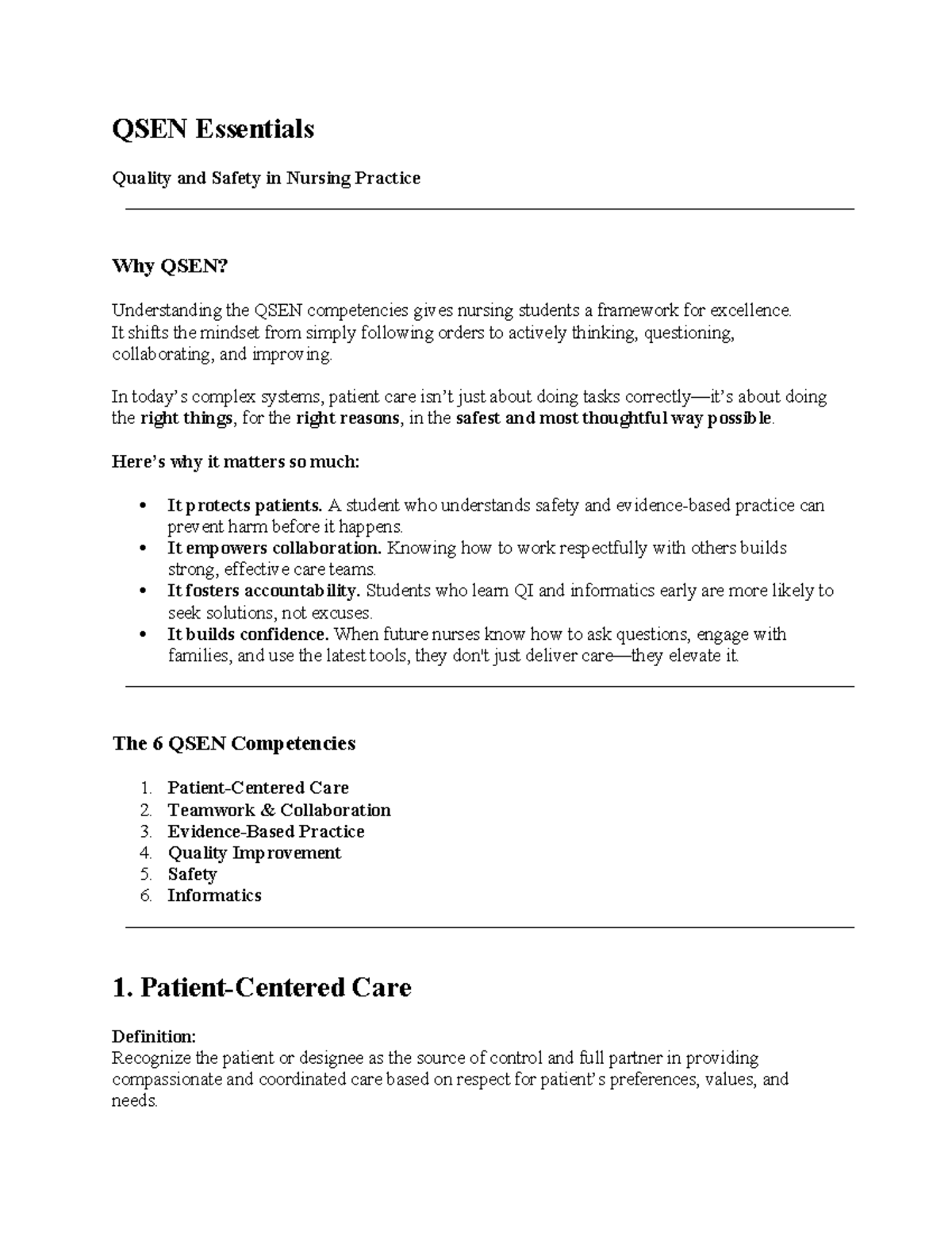 QSEN Essentials & Relationship-Based Care in Nursing Practice - Studocu