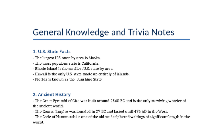 General Knowledge and Trivia Notes - U. State Facts - The largest U ...