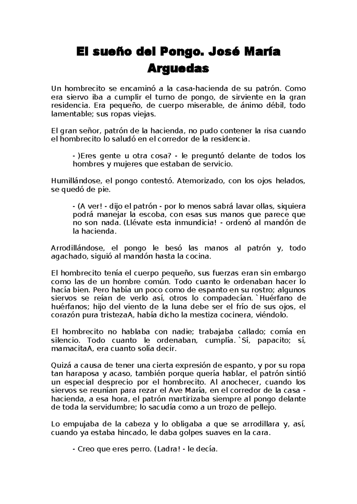 El Sueño del Pongo: Análisis de José María Arguedas - Studocu