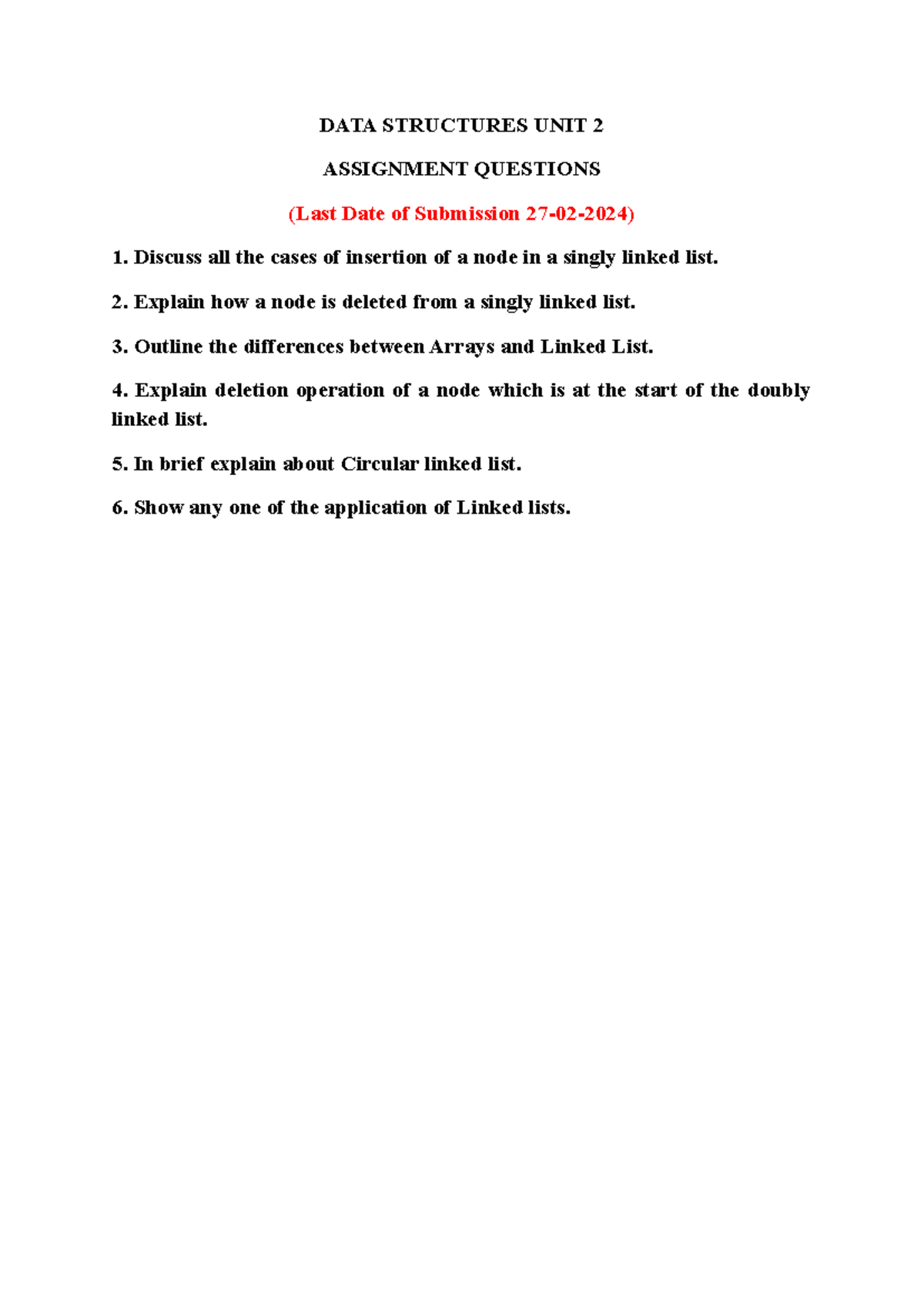DATA Structures UNIT 2 Assignment Questions - Artificial intelligence ...