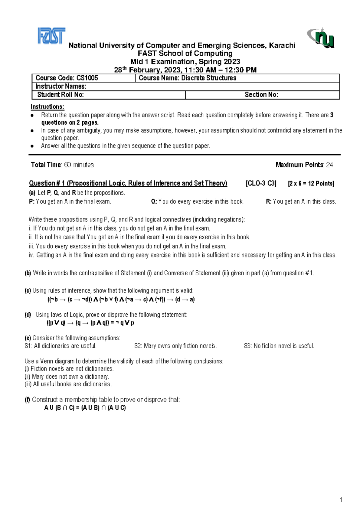 Midterm Exam CS1005: Discrete Structures - Spring 2023 - Studocu