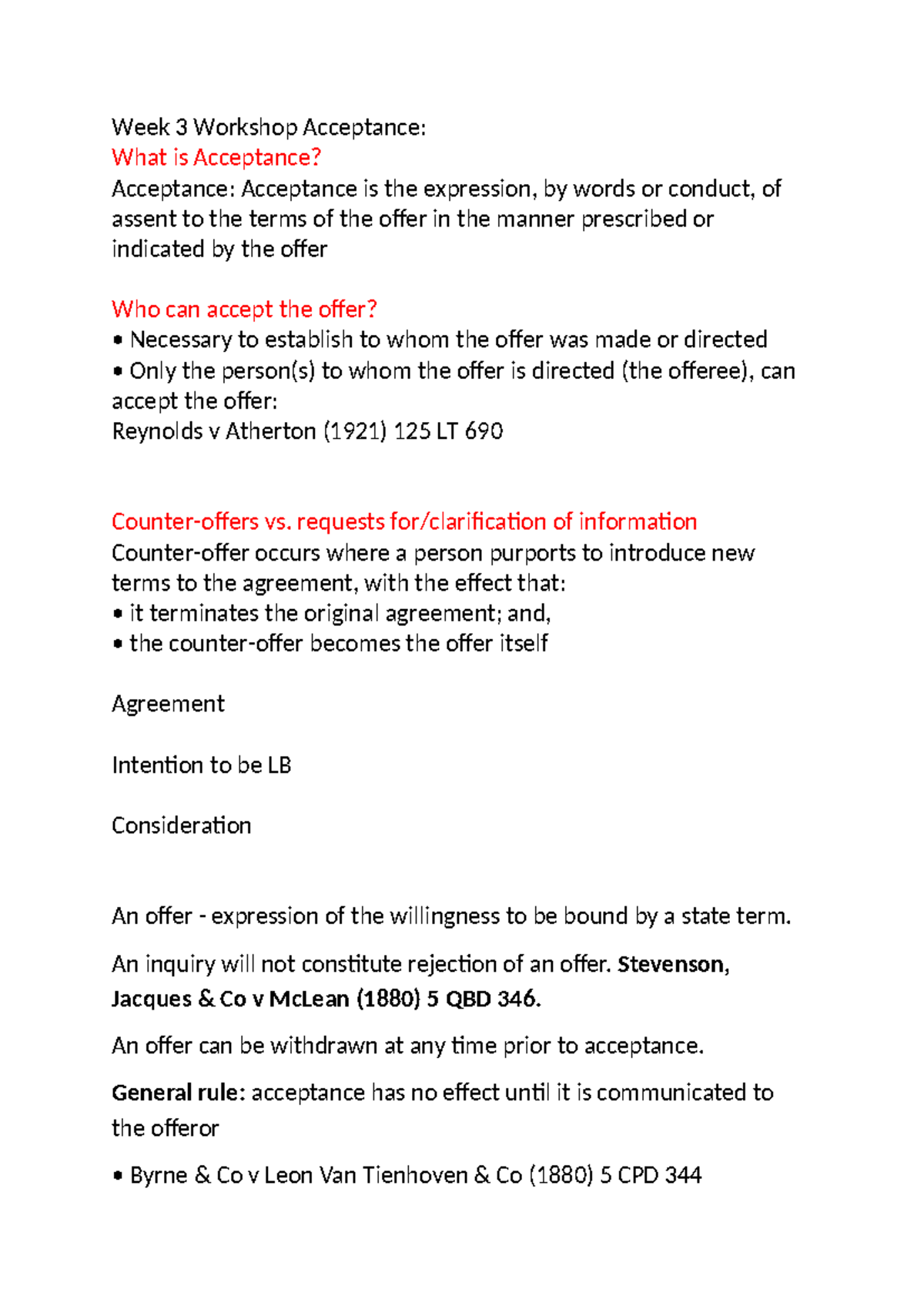 Contracts 1 - Week 3 Workshop on Acceptance and Offer Principles - Studocu