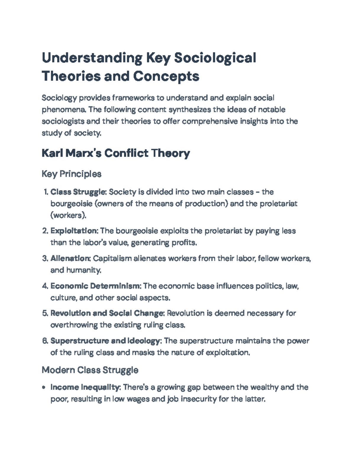 Sociological Theories: Key Concepts and Class Dynamics Analysis ...