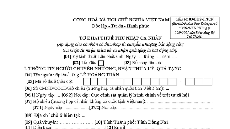 Tờ Khai Thuế Thu Nhập Cá Nhân - Mẫu số: aaa - Studocu