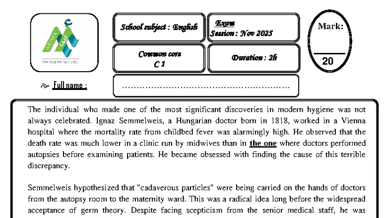 CC 7&8 Test: Ignaz Semmelweis and Hygiene - Nov 2025 Exam - Studocu