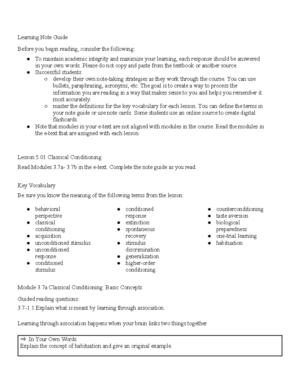 Learning Note Guide: Classical & Operant Conditioning (Lessons 5.01-5. ...