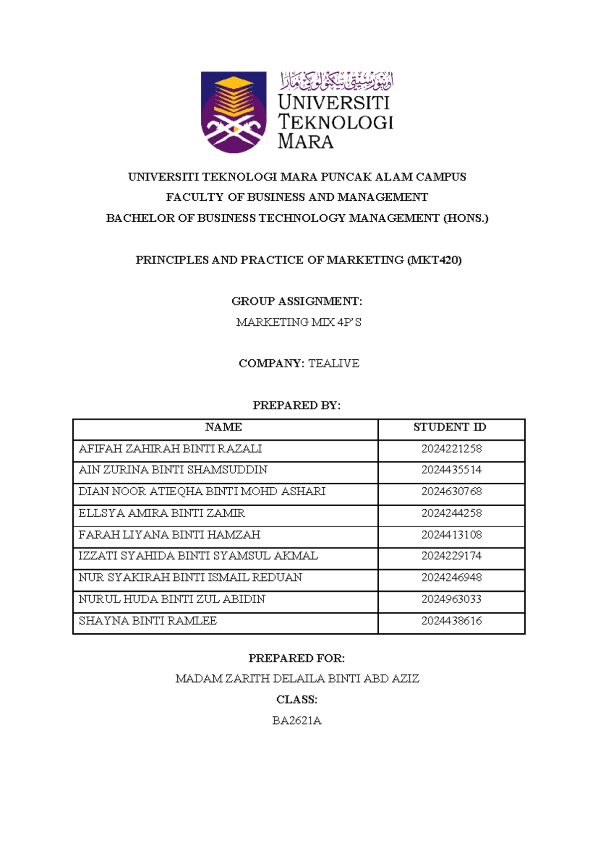 MKT420 Group Assignment: Marketing Mix Analysis of Tealive - Studocu