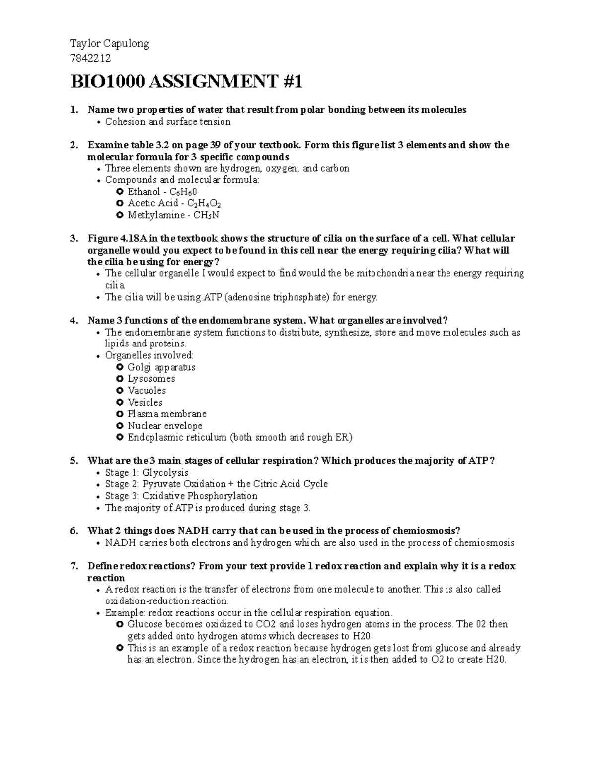 BIO Assignment #1 - Taylor Capulong 7842212 BIO1000 ASSIGNMENT 1. Name ...