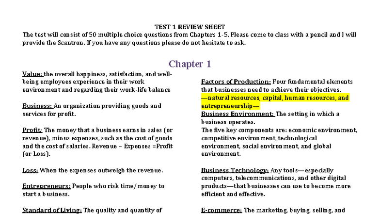 BUS 101 TEST 1 REVIEW SHEET: Key Concepts from Chapters 1-5 - Studocu