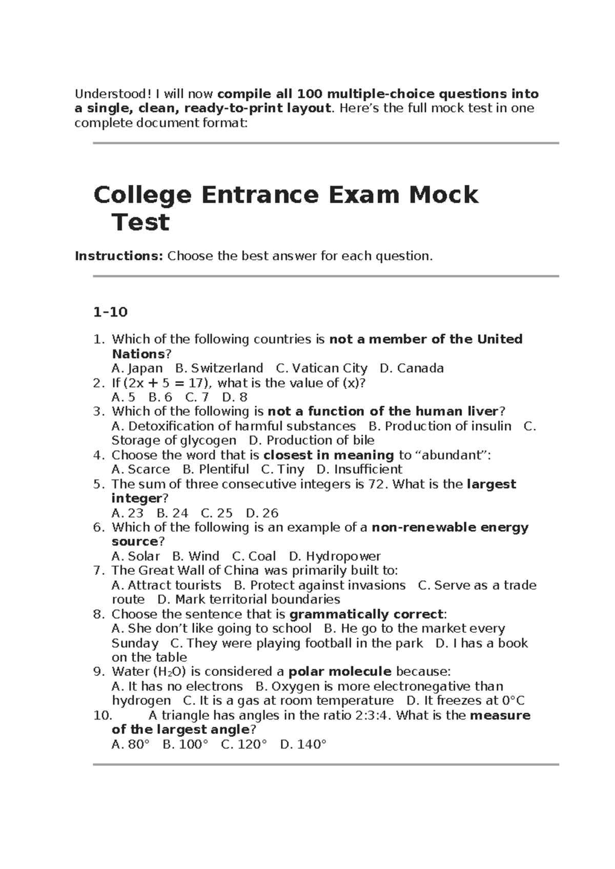 College Entrance Exam Mock Test: 100 Questions Compilation - Studocu