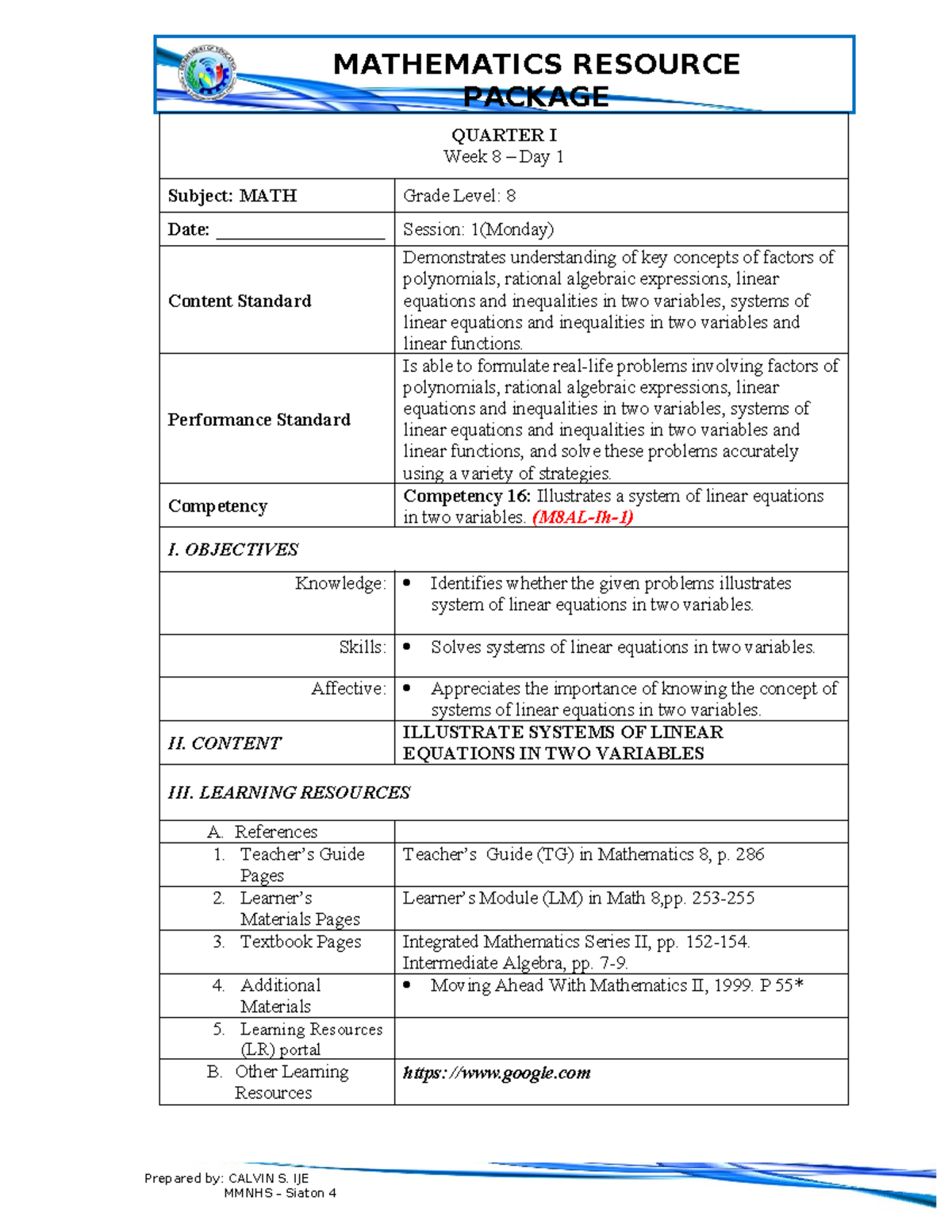 Math 8 - Week 8 Day 1 - Systems of Linear Equations Lesson Plan - Studocu