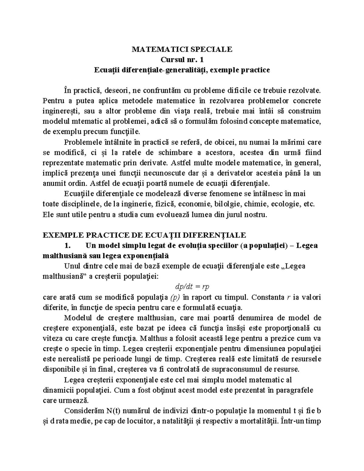 Ecuații Diferentiale - Cursul MS C1 22 23, Exemplu și Aplicații - Studocu