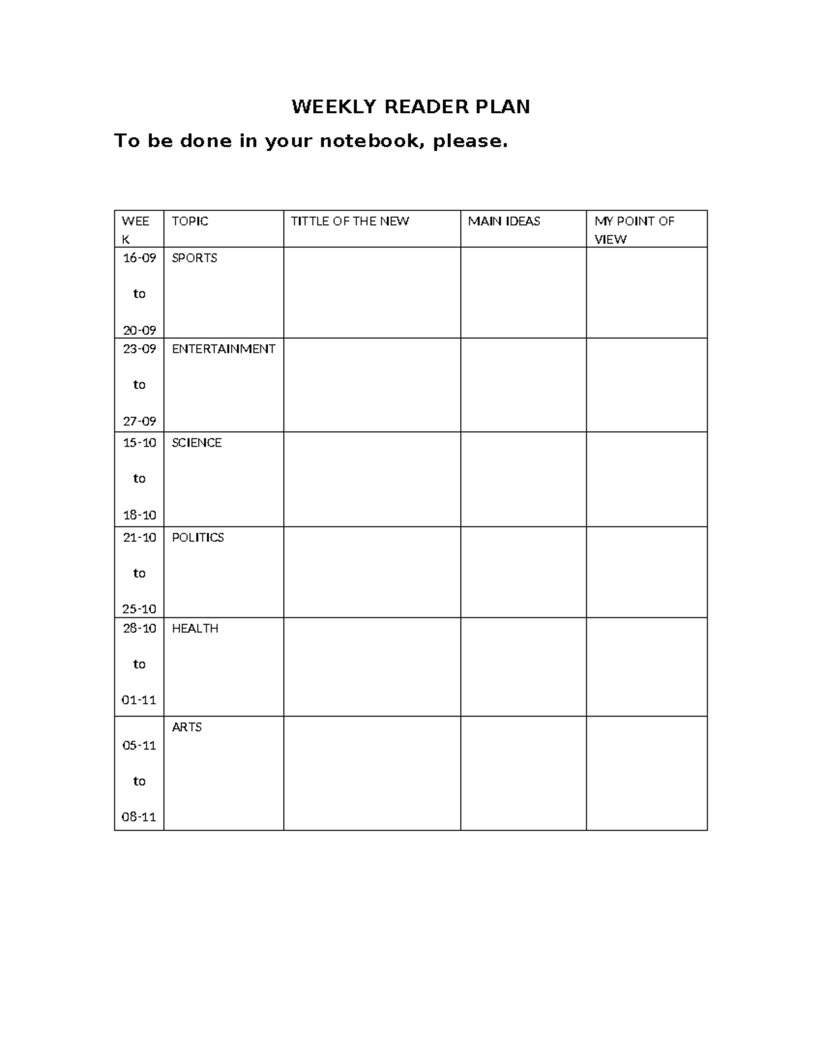 Weekly Reader PLAN - Practice reading - Preparción pre Saber - WEEKLY ...