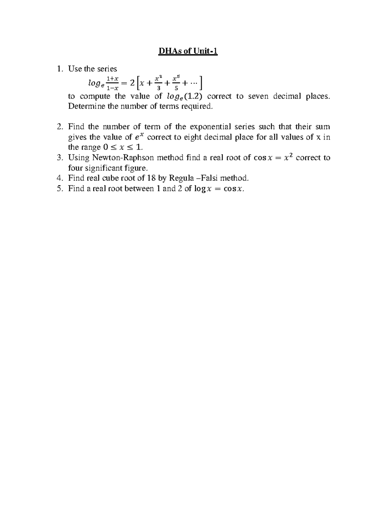 DHAs of Unit-1: Series Computations and Root Finding Techniques - Studocu