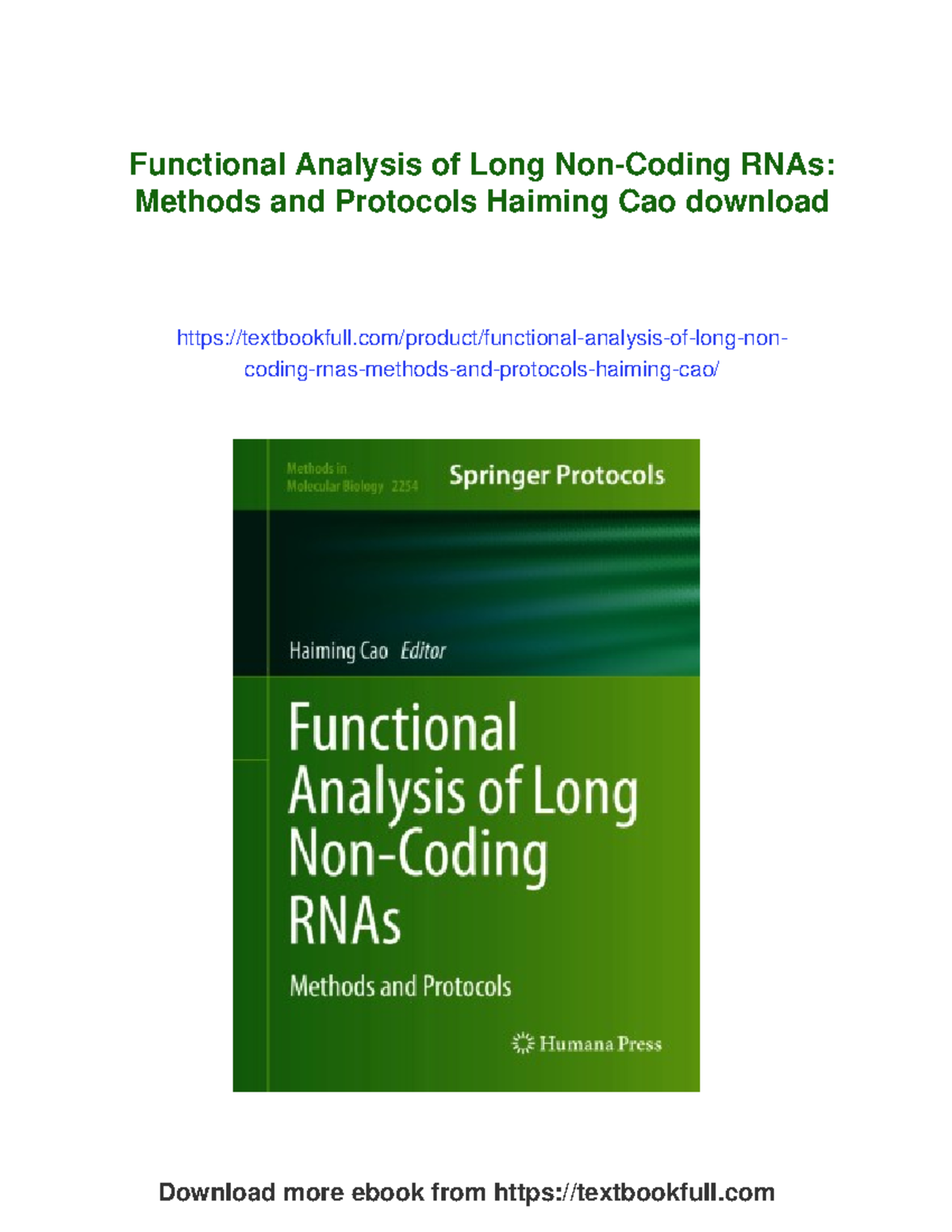 Functional Analysis of Long Non-Coding RNAs: Methods & Protocols ...