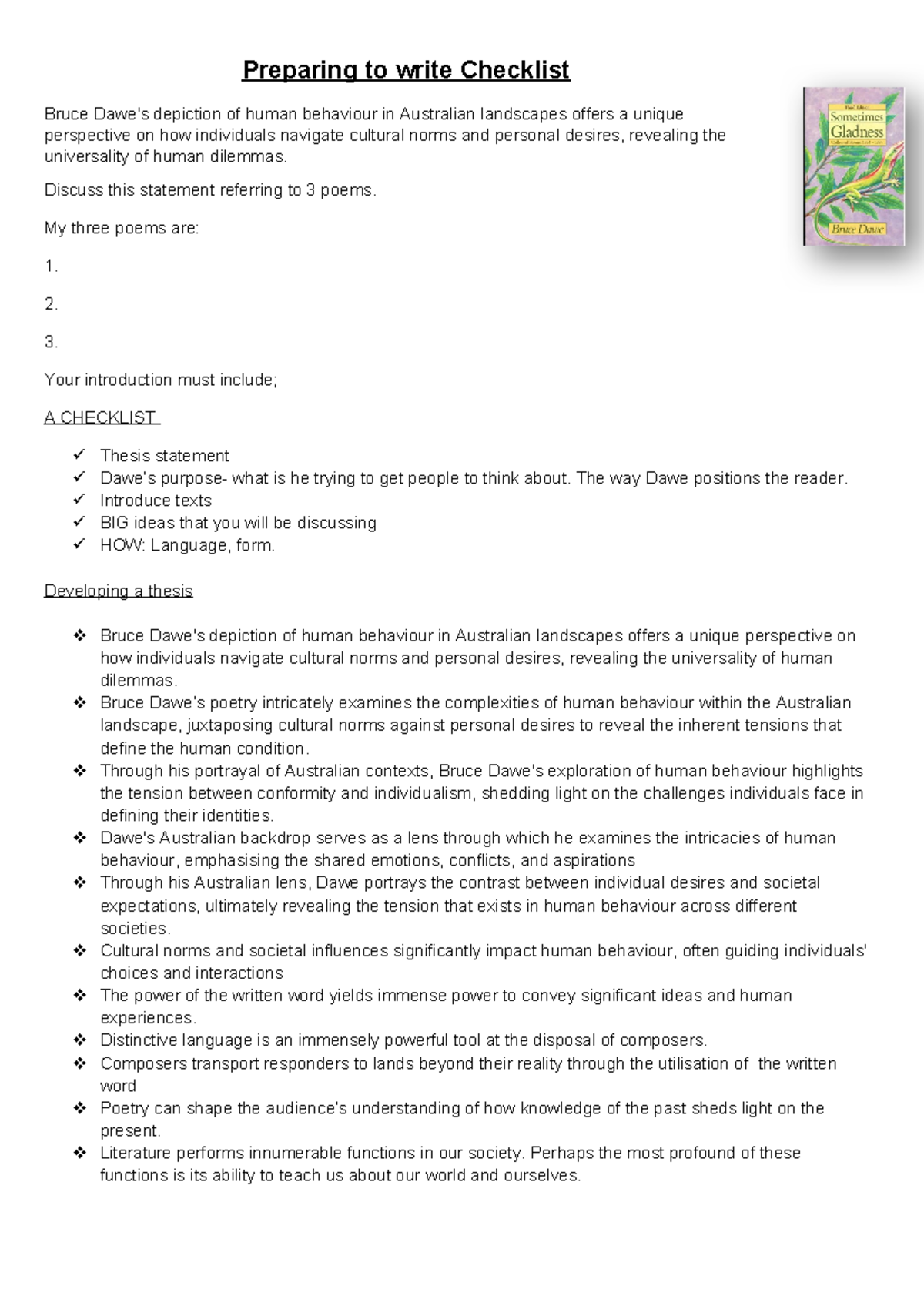 ENG101 Essay Writing Checklist: Analyzing Bruce Dawe's Poetry - Studocu