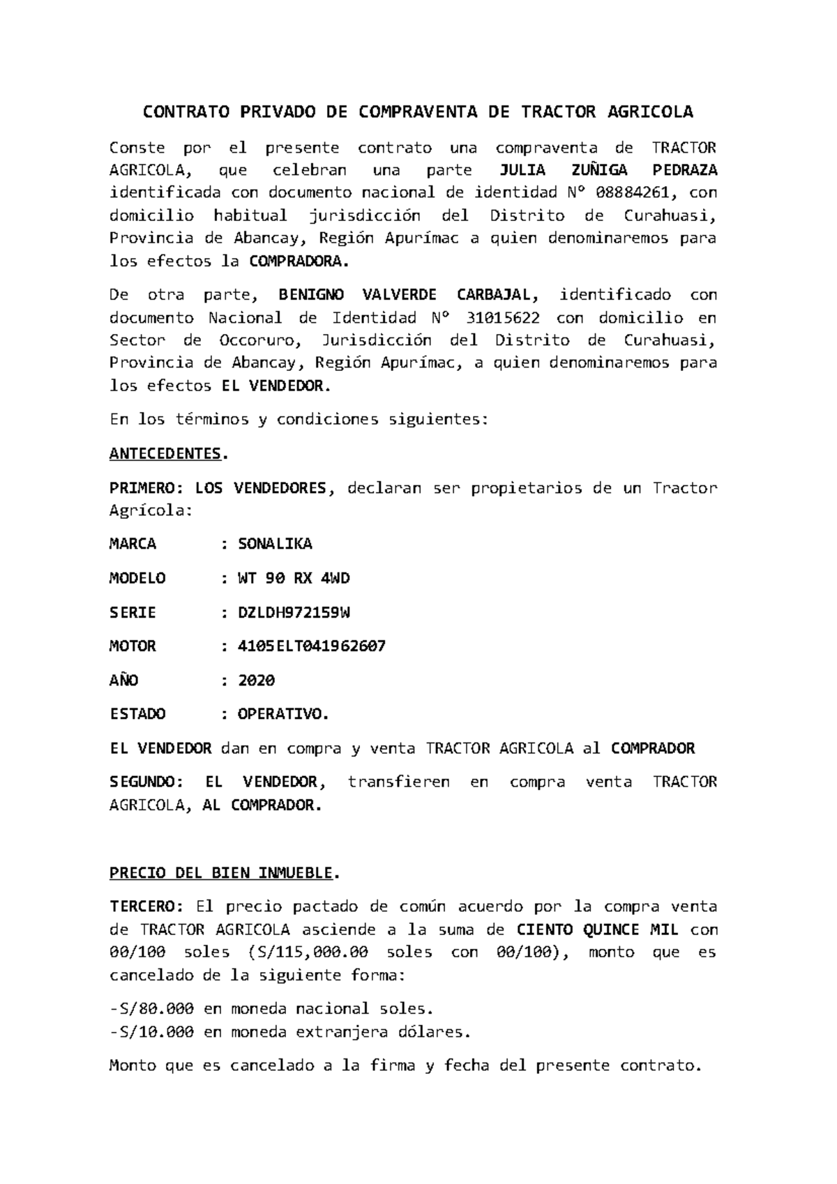 Contrato Privado de Compraventa de Tractor Agrícola - Benigno Valverde - Document Preview