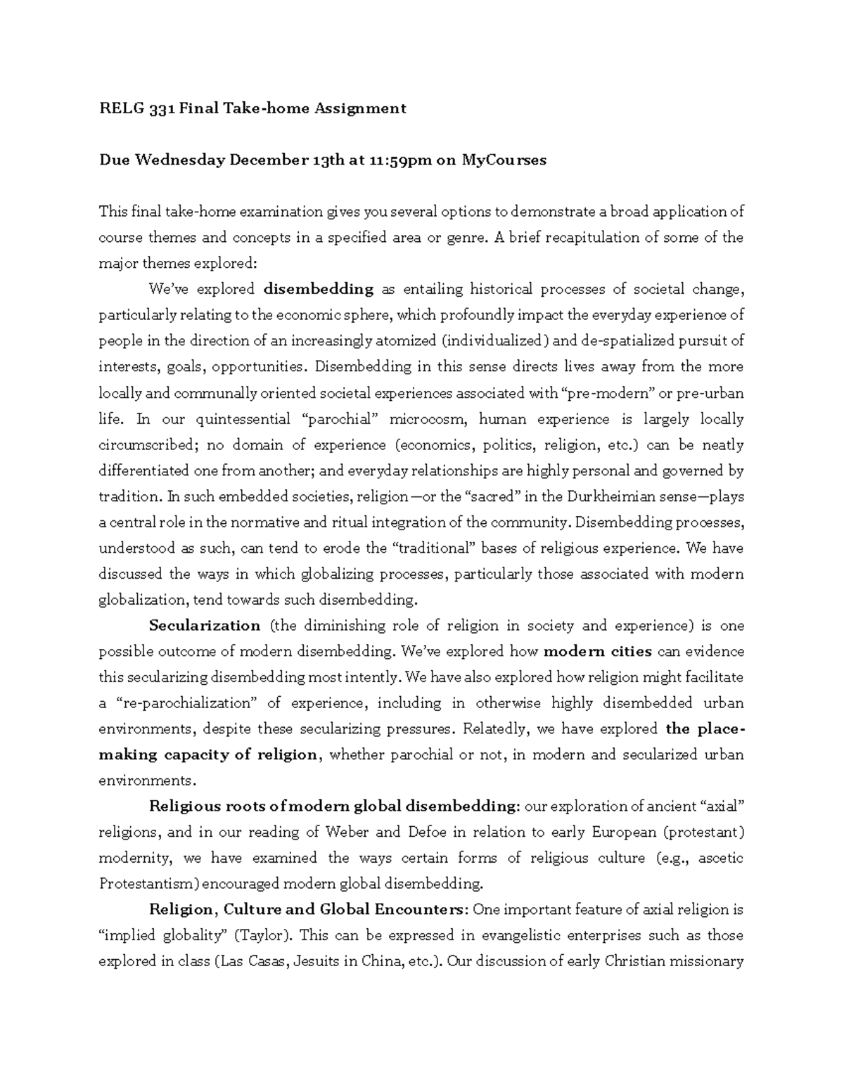 RELG 331 Final Take-home Assignment Overview for 2023 - Studocu