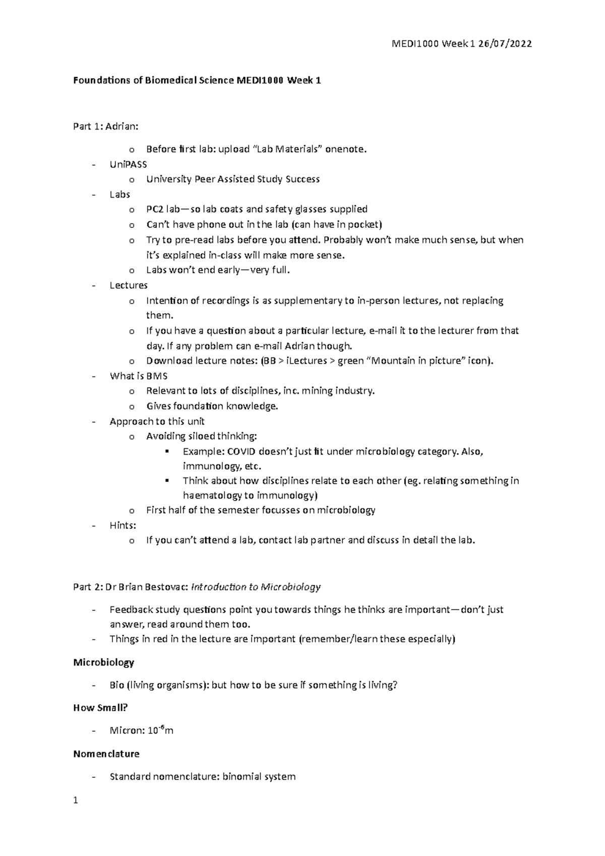 Week 1 26 - lecture notes - Foundations of Biomedical Science MEDI1000 ...