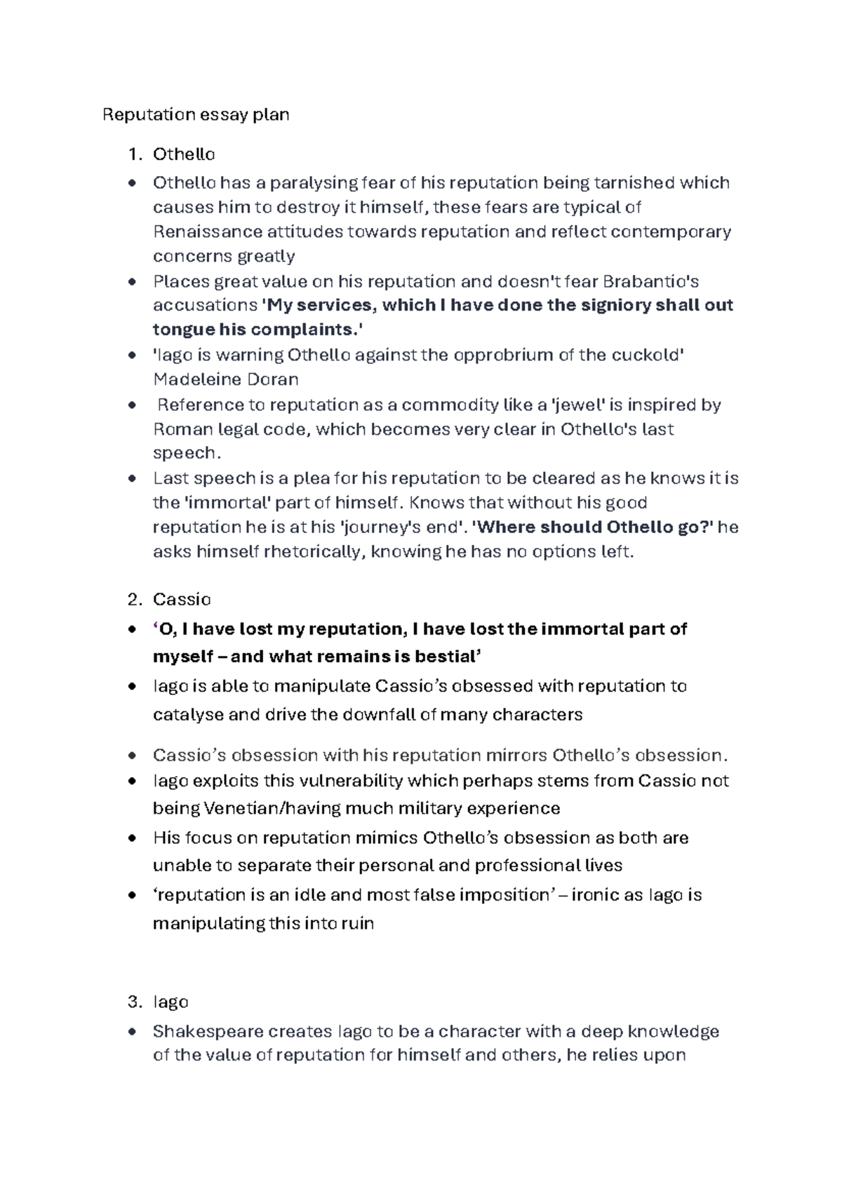 Reputation Essay Plan: Othello's Fear and Its Consequences - Studocu