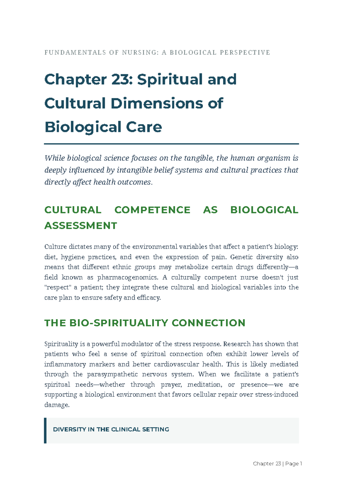 FUNDAMENTALS OF NURSING: Chapter 23 - Spiritual & Cultural Care - Studocu