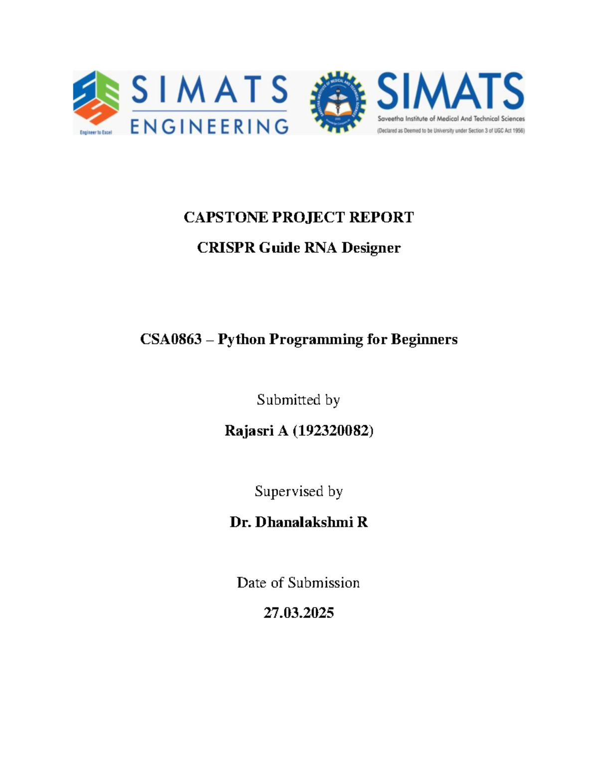 CRISPR gRNA Designer Tool: Capstone Project Report CSA0863 - Studocu