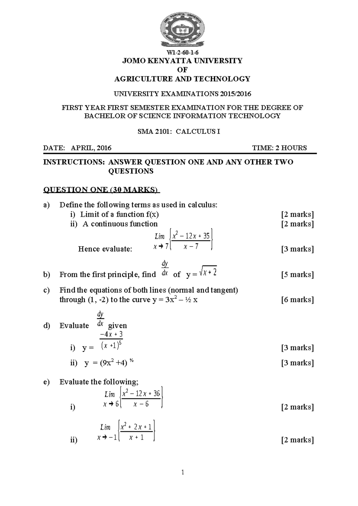 SMA 2101 Final Exam Review: Calculus I Questions and Solutions - Studocu