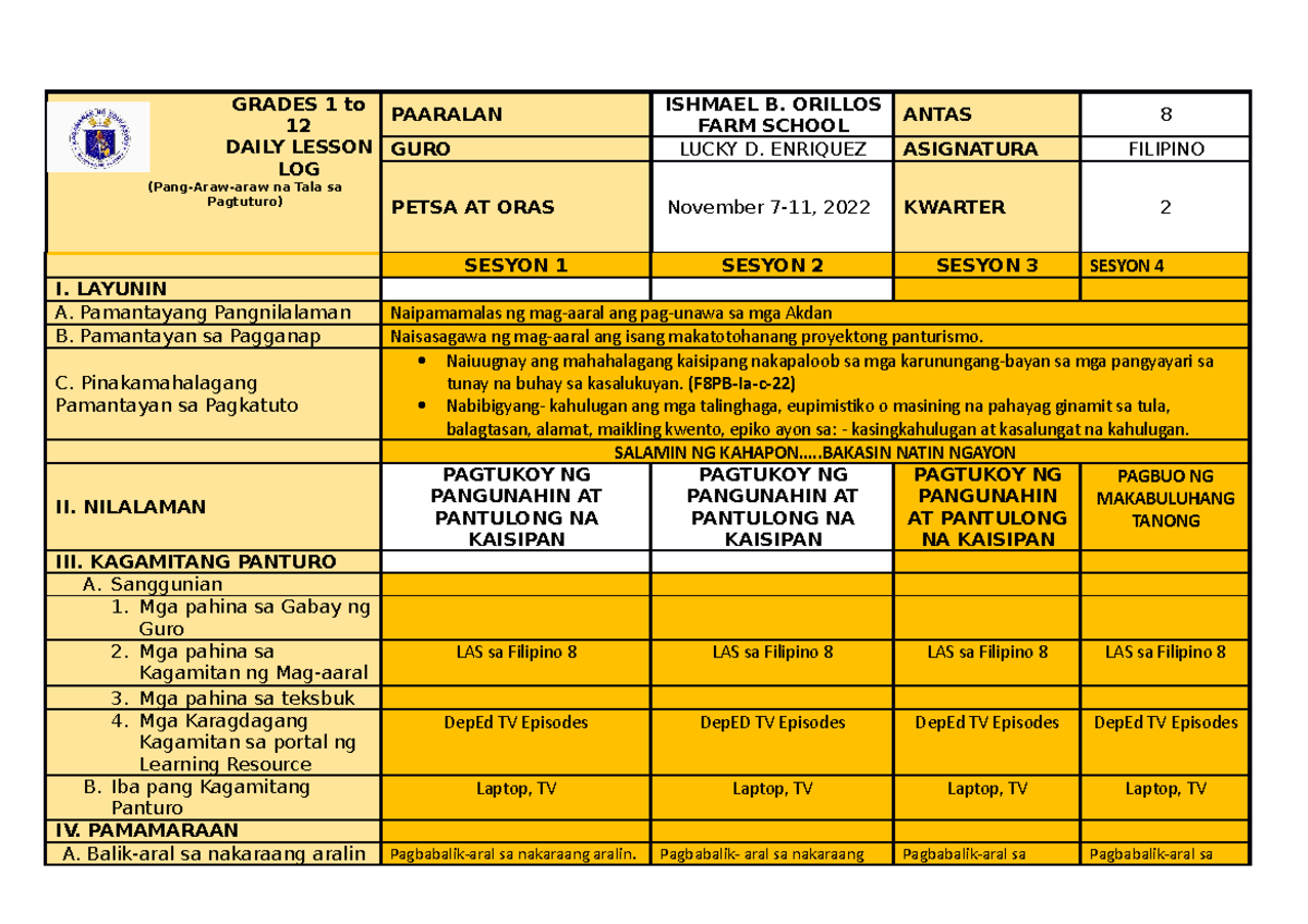 DLL Grade 8-Q2 WEEK 1 062636 - GRADES 1 to 12 DAILY LESSON LOG (Pang ...