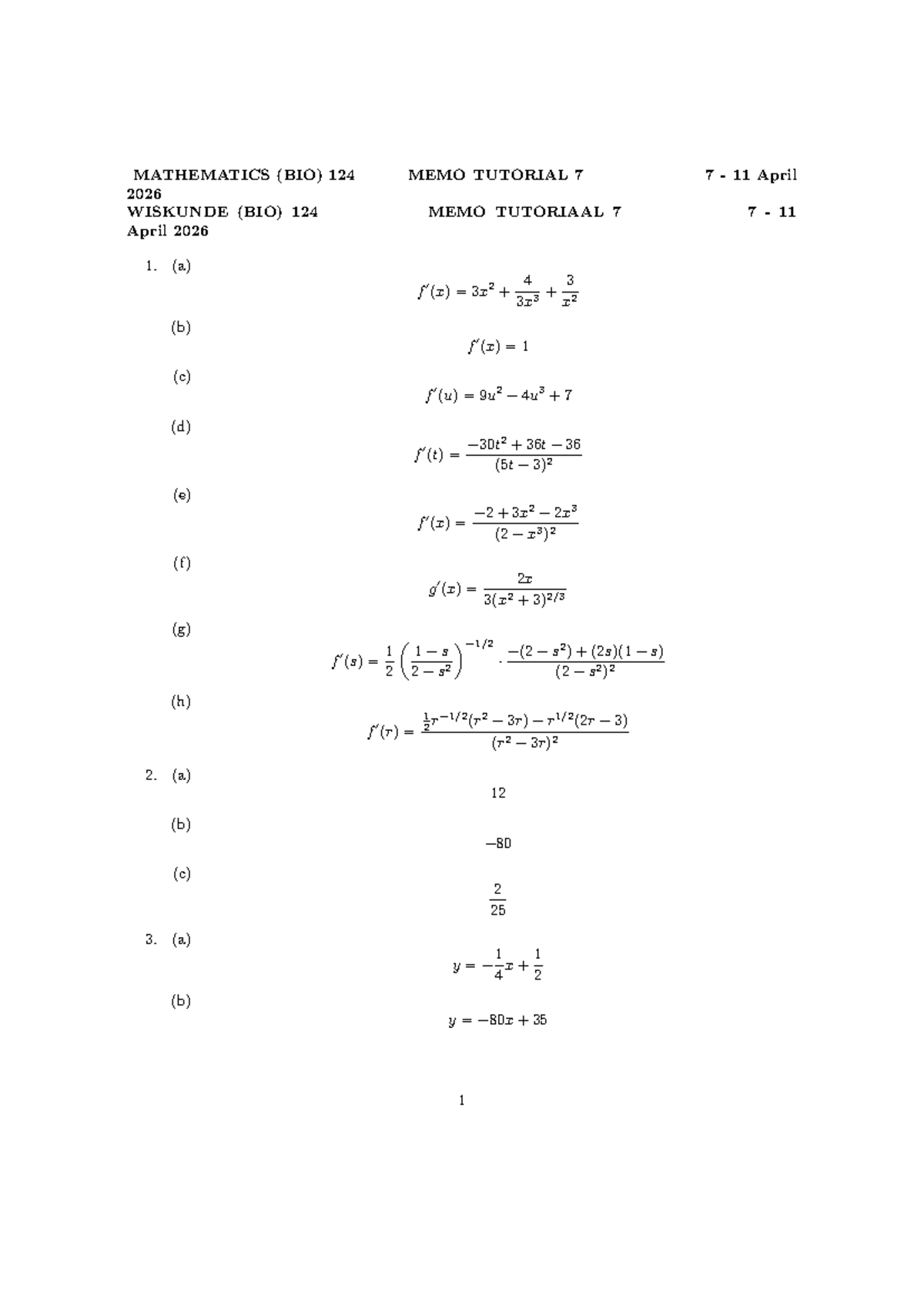 MATHEMATICS (BIO) 124 - Tutorial 7 Answers (April 2026) - Studocu