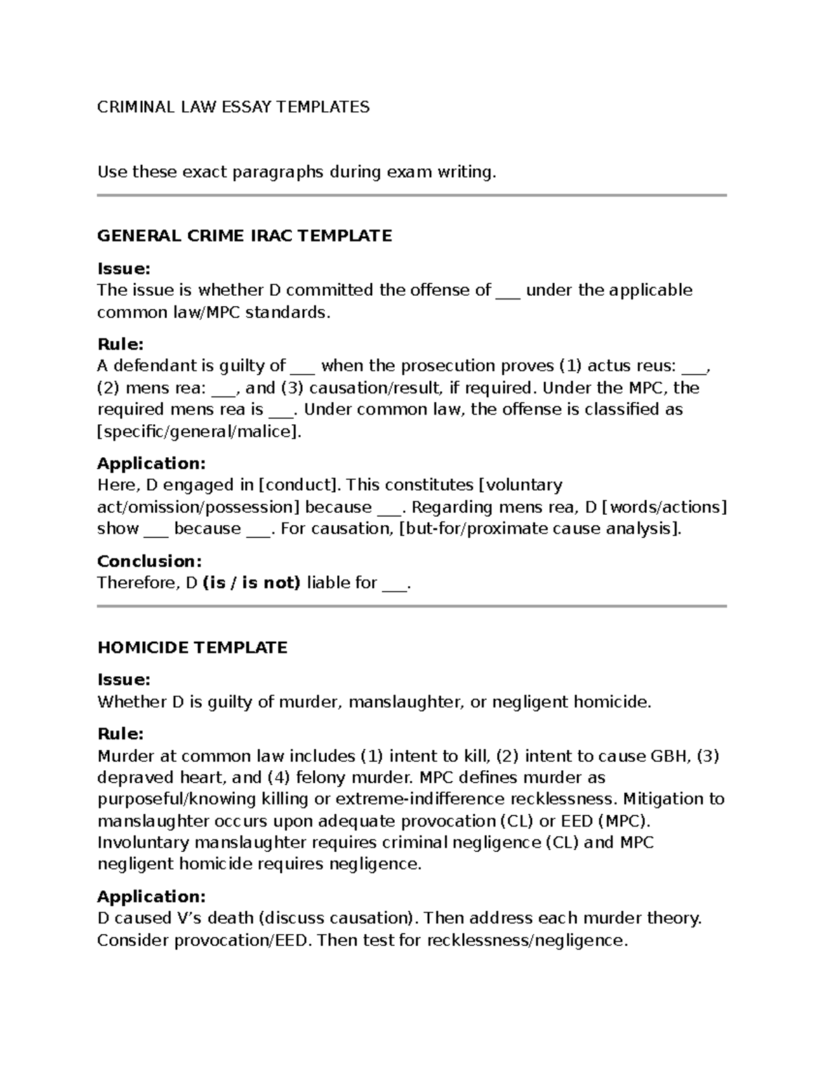 Criminal Law Essay Templates for Final Exam (CRIM 101) - Studocu