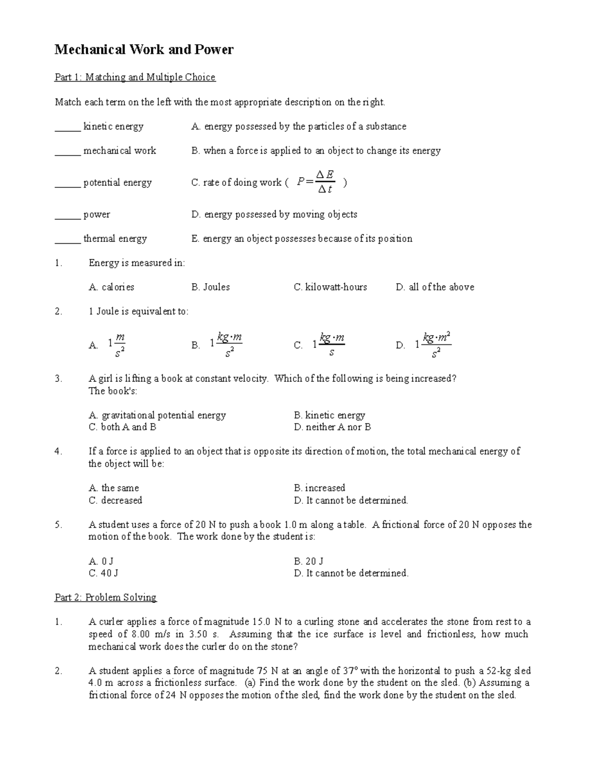 Mechanical Work and Power (MECH 101): Homework & Problem Solving - Studocu