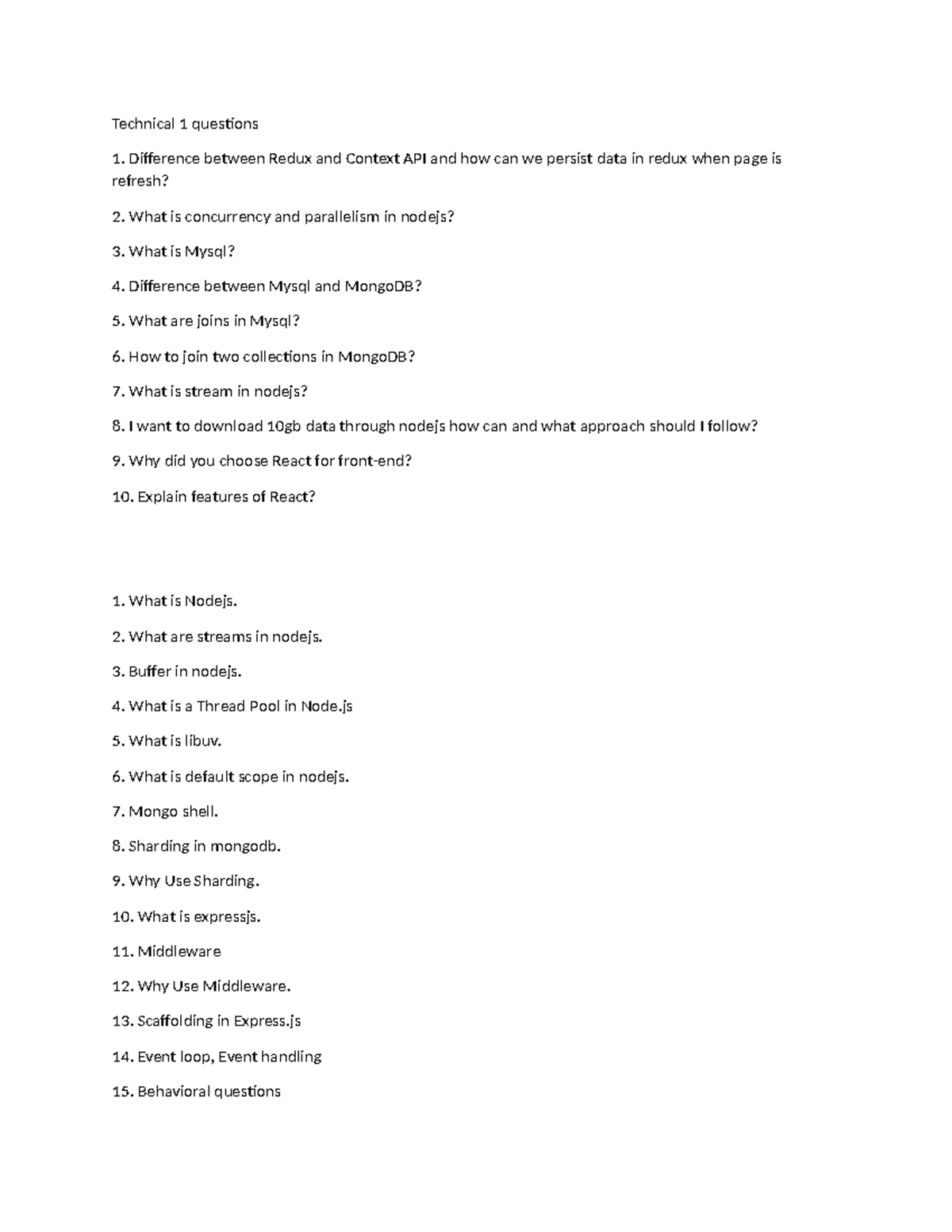 Interview Questions for Technical 1 (l;c;lvonvlo) - Studocu