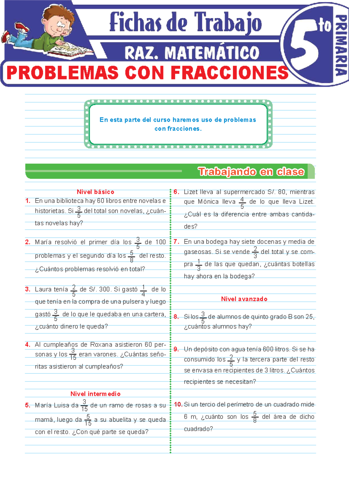 Problemas de Fracciones - Quinto Grado - Ejercicios y Tareas - Document Preview