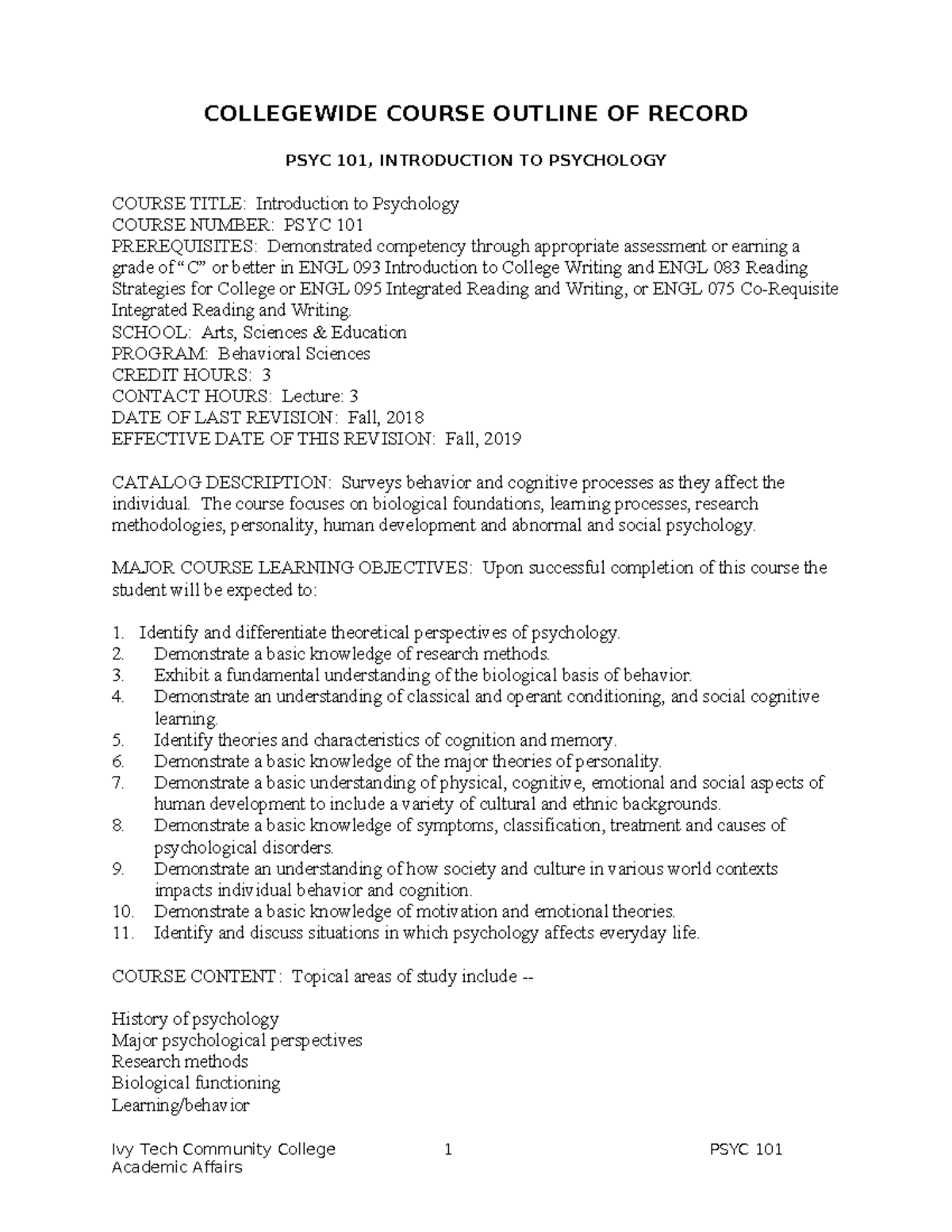 PSYC 101 Introduction to Psychology Course Outline and Objectives - Studocu