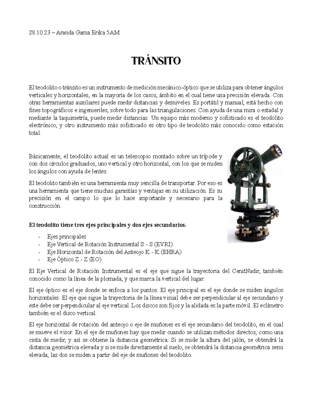 Instrumento de Medición Teodolitico: Tránsito y Topografía - Studocu