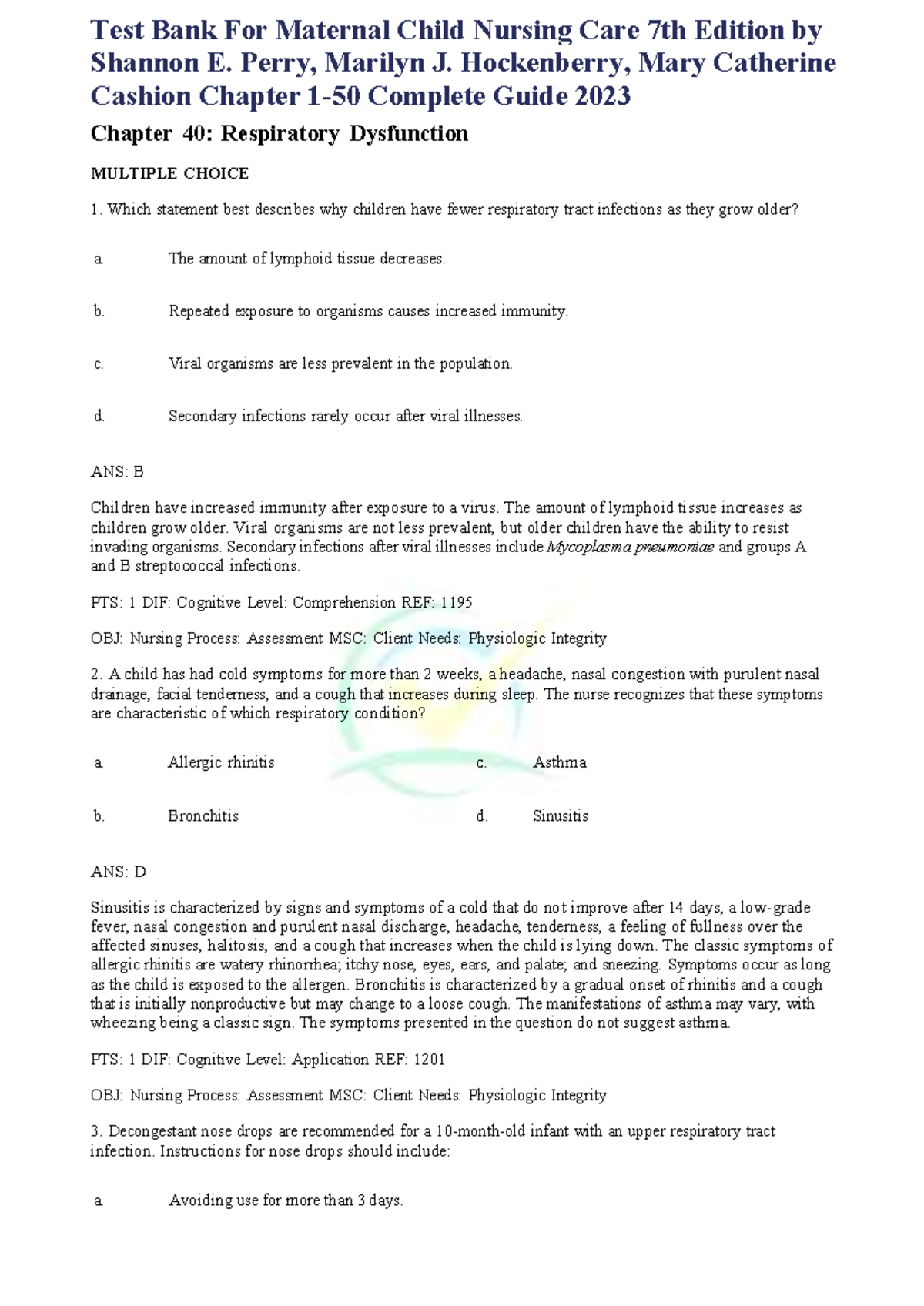 Ch 40 - Respiratory Dysfunction Practice Questions & Answers - Studocu